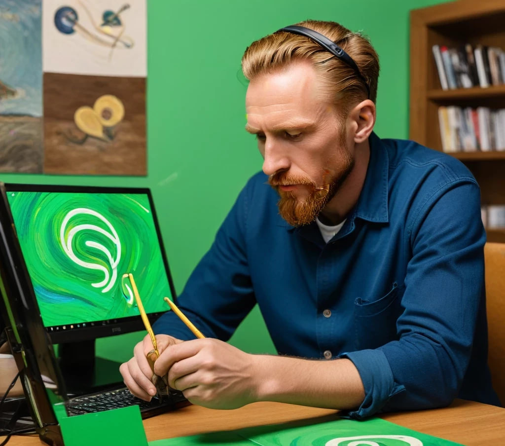 vincent van gogh paints spotify real logo while he listens to