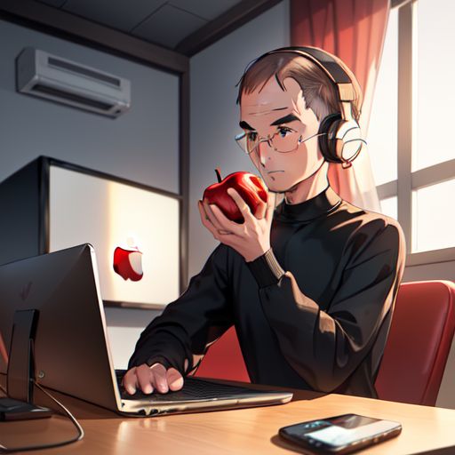 Steve Jobs paints Apple music company red logo while he listens to music